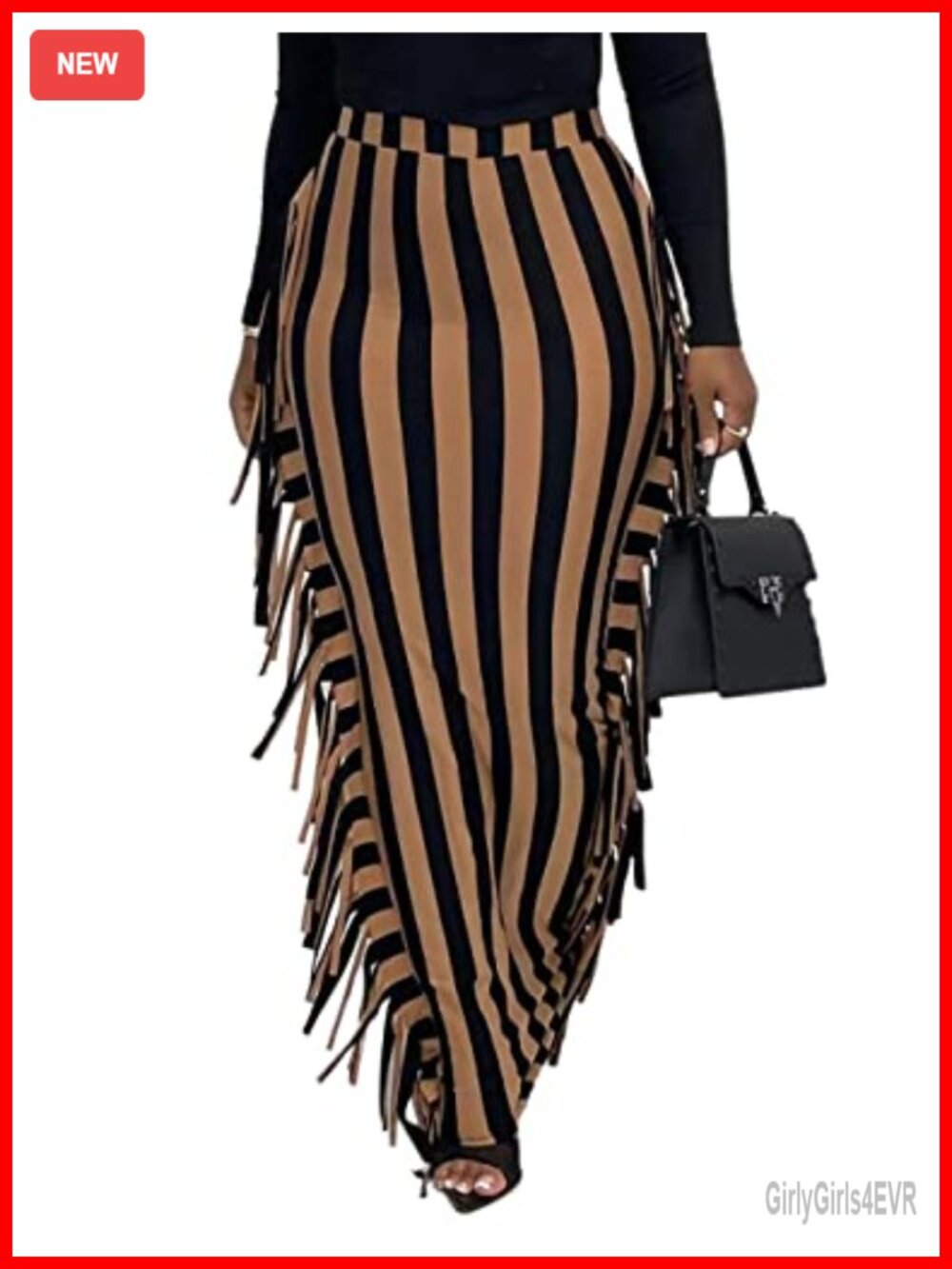 High Waist Side Fringe Maxi Pencil Skirt Bodycon Polyester Spandex